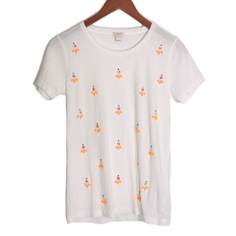 J.Crew Factory Rhinestone Embellished White Cotton Tee XS Graphic Short Sleeve